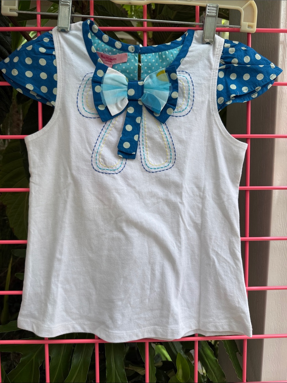 New Vintage Beetlejuice London Polka Dot Bow White & Blue Girls' Cotton Tank Top
